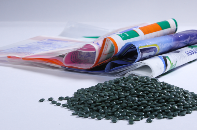 printed plastic film and recycled pellets
